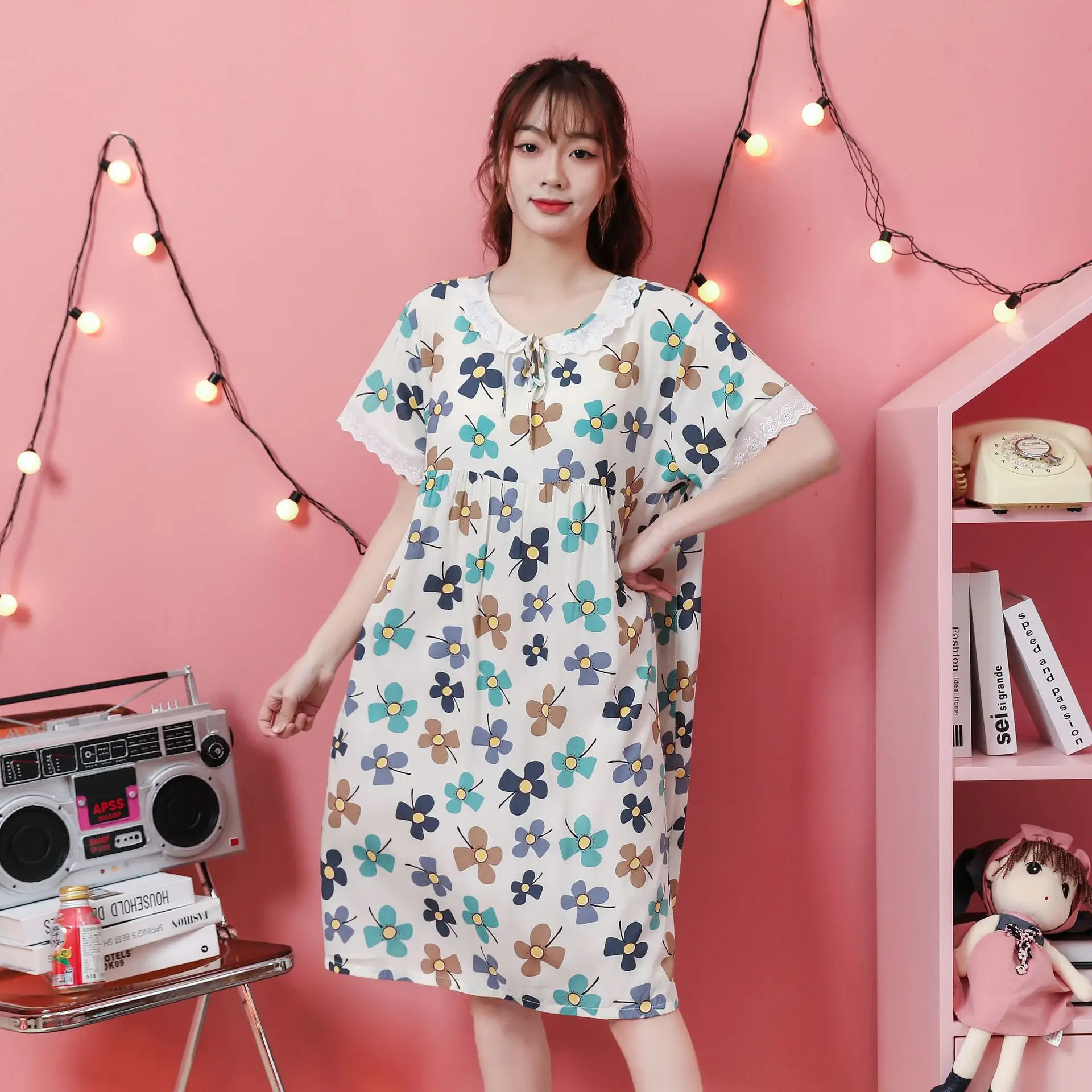 Round Collar Nightdress Women Japan Fashion Ins Sleepwear Spring Summer Thin Home Service Nightgowns Printing Sleepshirt