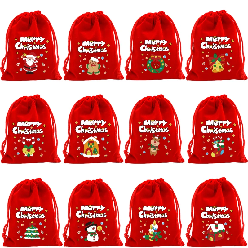 6Pcs/Lot Xmas Patterns Velvet Bags 9x12 15x20cm Small Christmas Candy Gift Bag Drawstring Pouch Boutique Jewelry Packaging Bags