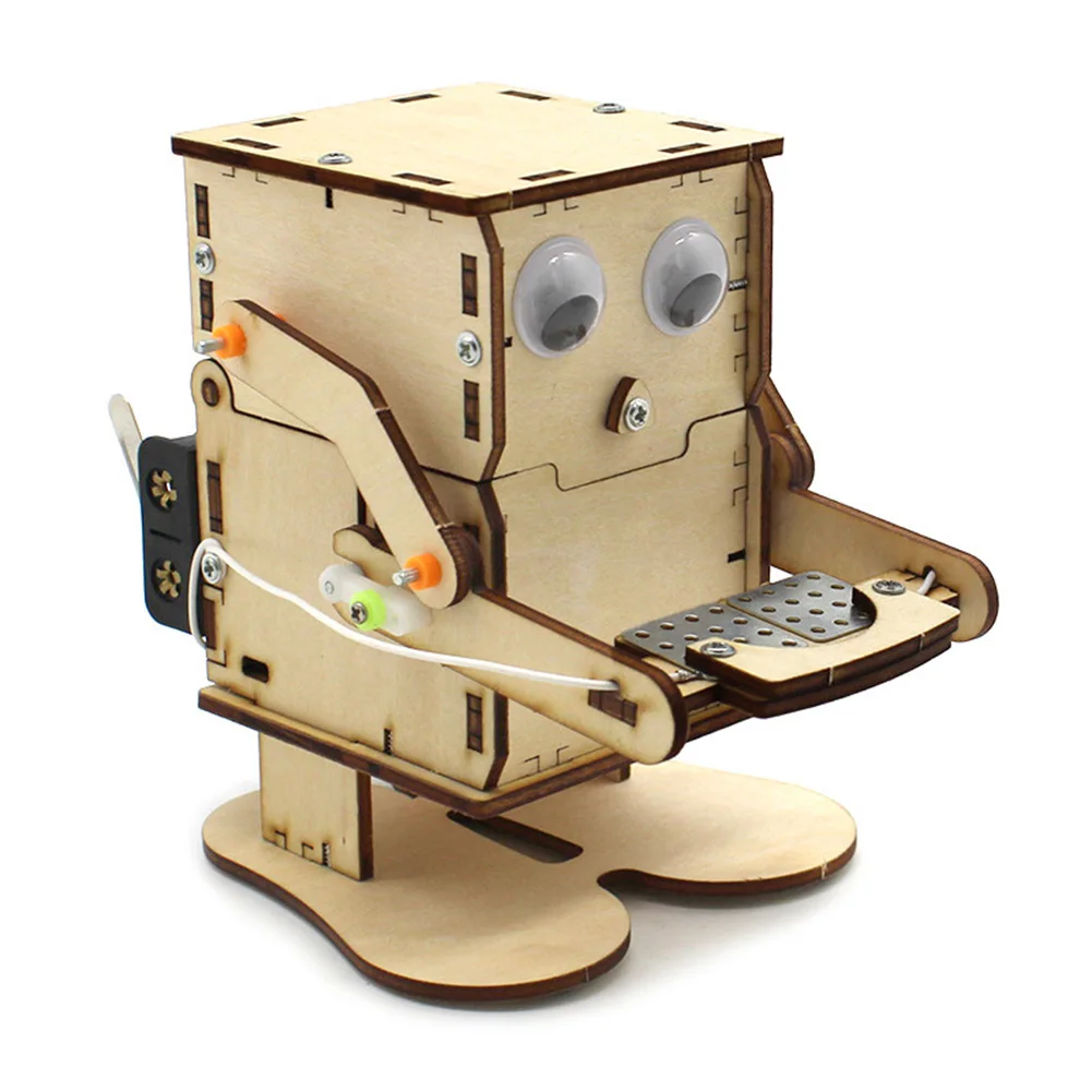 DIY Wooden Robot DIY Robot Eating Coin Invention Model Funny STEM Project Robot Assembled Model Education Learning Supplies
