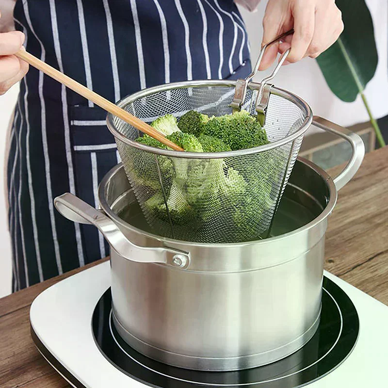 Basket Stainless Steel Basket Kitchen French Chip Frying Strainer Deep Fry Round Fryer Wire Mesh with Handle Wire Colander