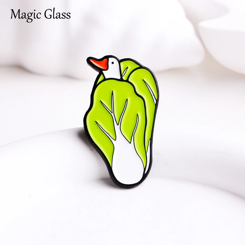 Duck In Chinese Cabbage Enamel Pin, Cute Cartoon Duck Wrapped In Bok Choy Lapel Brooch, Funny Animal Vegetable Badge Decor Gift