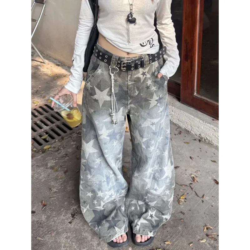 

Рваные джинсы в стиле ретро со звездами для женщин, уличные свободные повседневные широкие брюки Scimitar