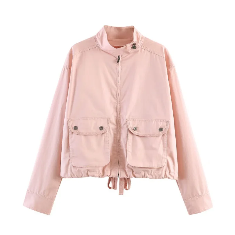 

Withered Solid Color Versatile Stand Up Collar Washed Effect Pocket Jacket Women's Jacket Woman Clothes Tops