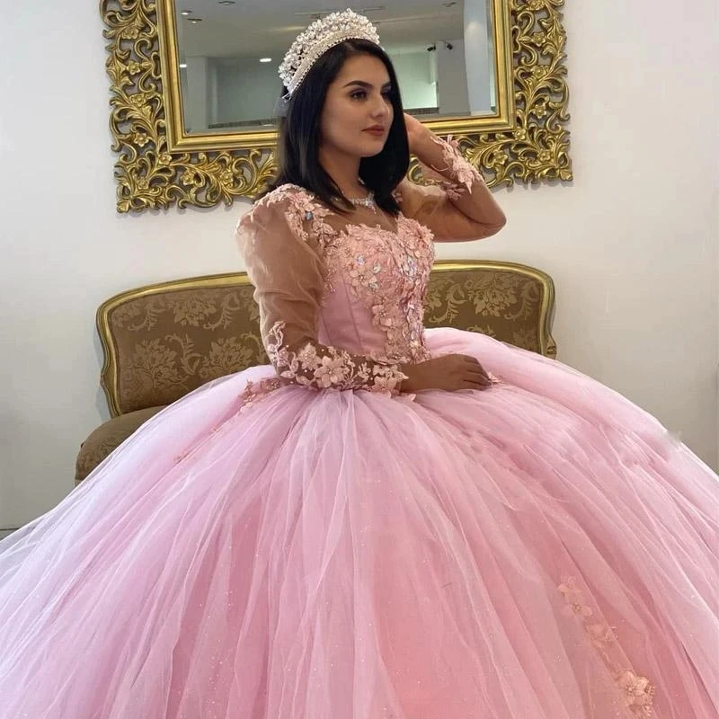 ANGELSBRIDEP Glittering Pink Quinceanera Dresses 3D Flowers Crystals Robes De Soirée Formal Birthday Party Ball Gown Corset