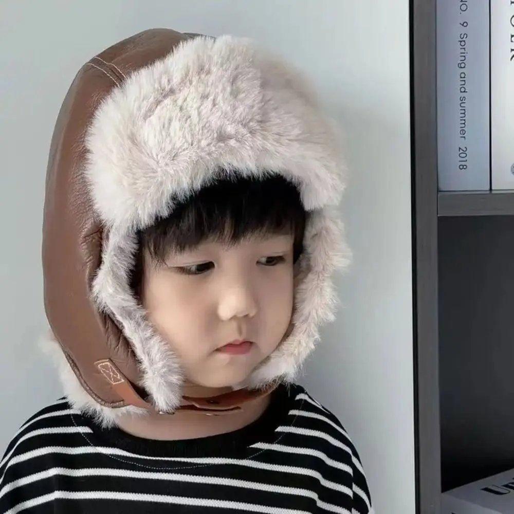 

Fashion PU Leather Ski Cap with Glasses Warm Cute Kids Plush Pilot Hat Earmuff Thickened Streetwear