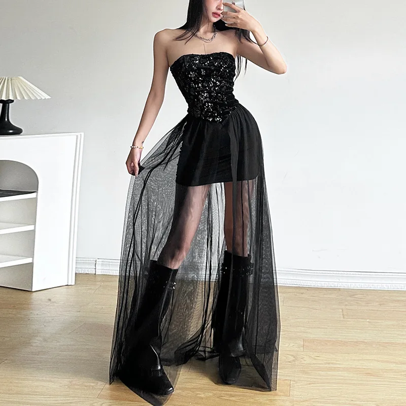 Vestido de tule plissado feminino, envoltório no peito, elegante e misterioso, bonito e maduro, sexy e charmoso, festa de irmãs, preto, inverno, 2022