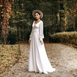 Elegant Wedding Dresses V-Neck Full Sleevess Simple A-Line Floor Length High Quality with Belt Chiffon Bridal Marry Gowns