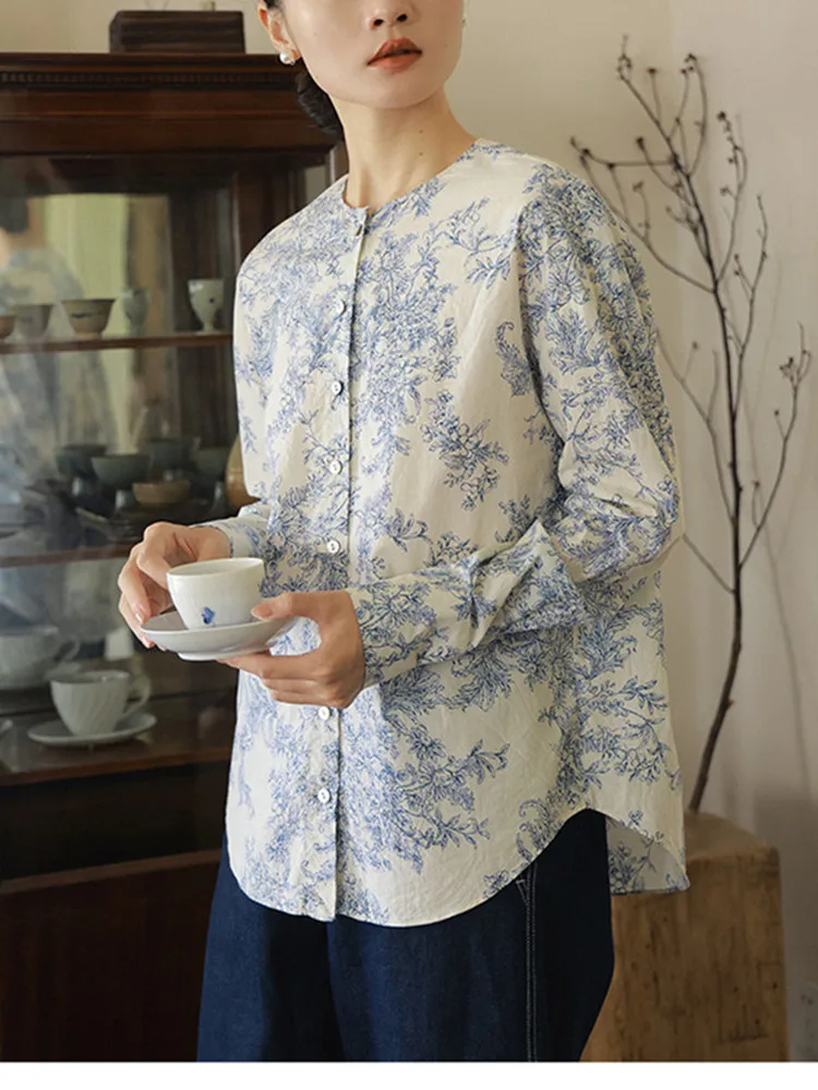 Blue And White High Quality Cotton Printed Shirt Women's Long Sleeve round Neck Artistic Style Top Breathable Comfortable Spr...