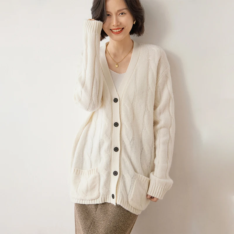 2024 Autumn Winter New 100% Cashmere Cardigan Knitted Sweater Women Loose Large Size Cardigans Lady Solid Thicken Warm Jacket