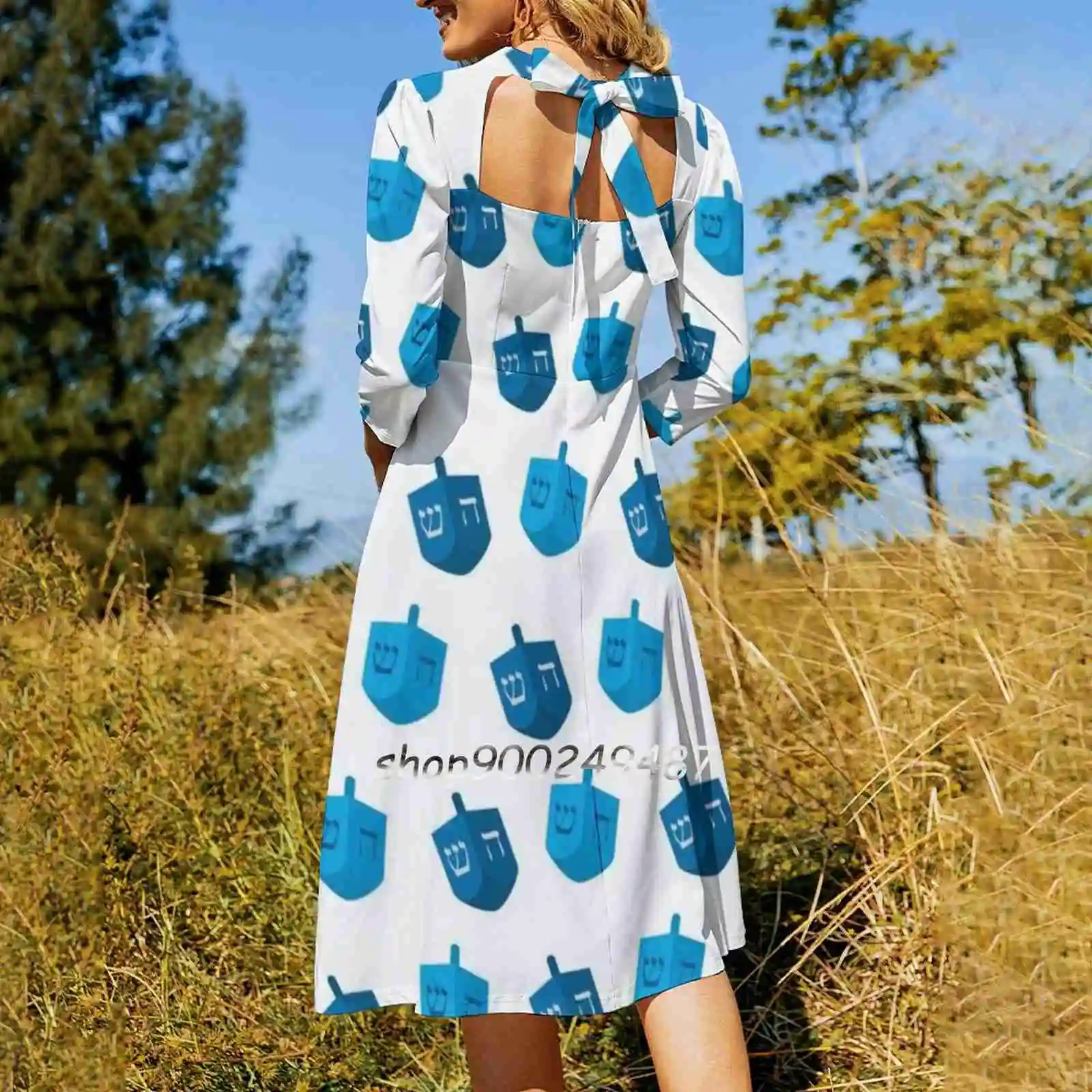 Dreidels-Hanukkah Square Neck Dress Cute Loose Print Dresses Elegant Beach Party Dress Hanukkah Dreidel Jewish Holiday