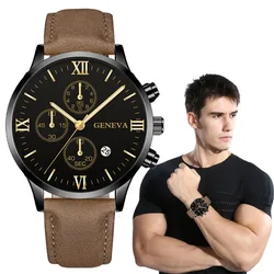 Light Luxury Fashion Geneva Men Date Alloy Case Synthetic Leather Analog Quartz Sport Watch for Outdoors Business Sports Running