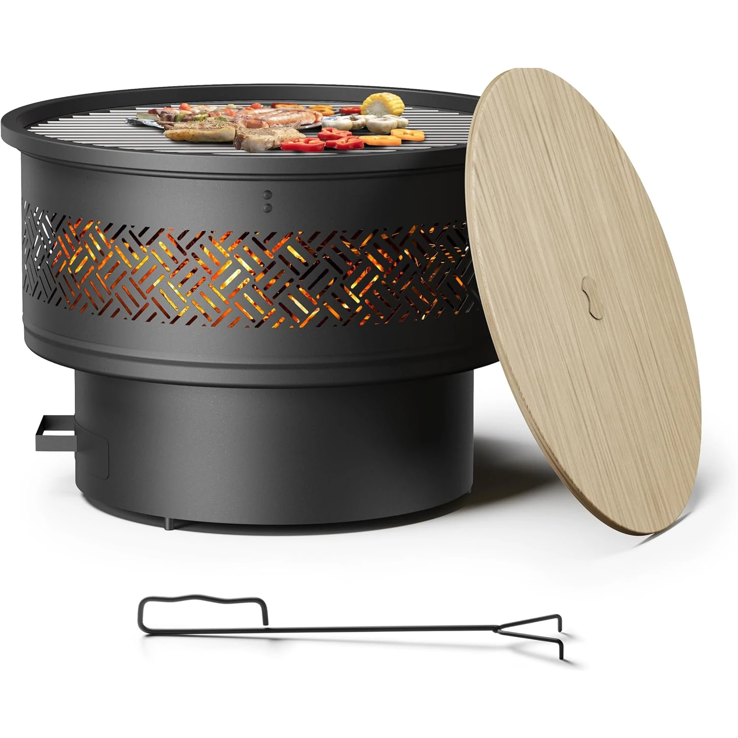 26 inch Fire Pit with Grill & Lid, Firepits for Outside Wood Burning Fire Pit Table with Fire Poker