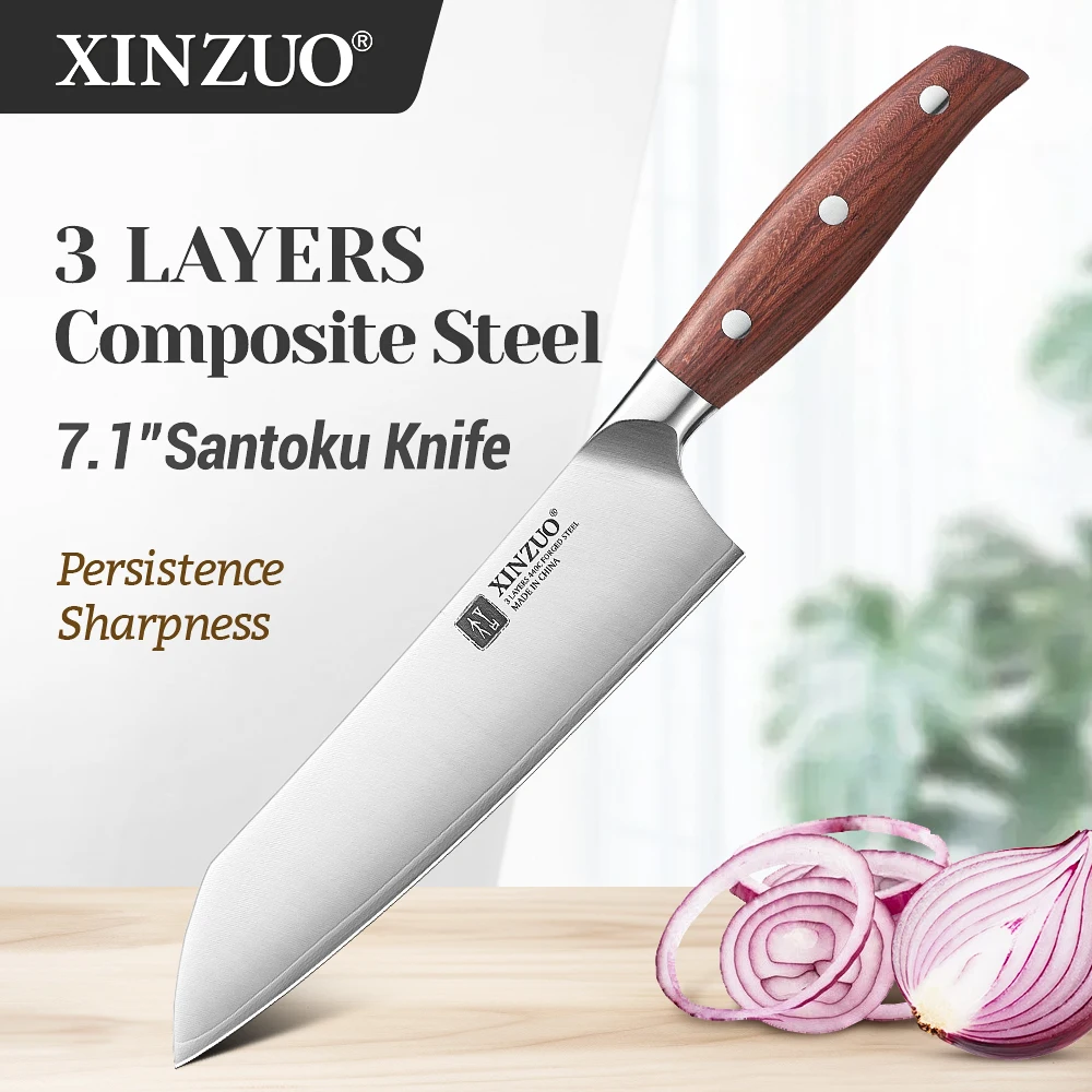 XINZUO Wysokiej jakości nóż Santoku ze stali nierdzewnej 7,2 cala, 3-warstwowa stal kompozytowa, nóż szefa kuchni do krojenia, rękojeść z czerwonego drewna