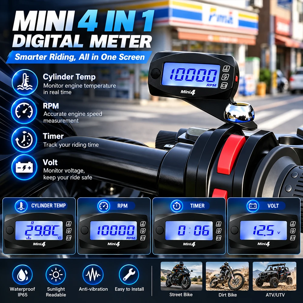 Motorrad 4-in-1 Digitalanzeige Zylindertemperaturmesser Drehzahlmesser Voltmeter Zeitanzeige Mini-LED-Monitor – Detail 1