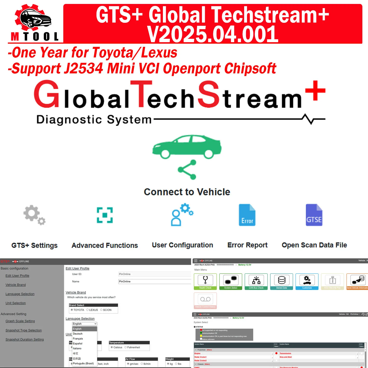 

GTS+ Global Techstream+ 2025.04.001 One Year for Toyota/ Lexus Global Diagnostic Tool work with J2534 Mini Vci Openport Chipsoft