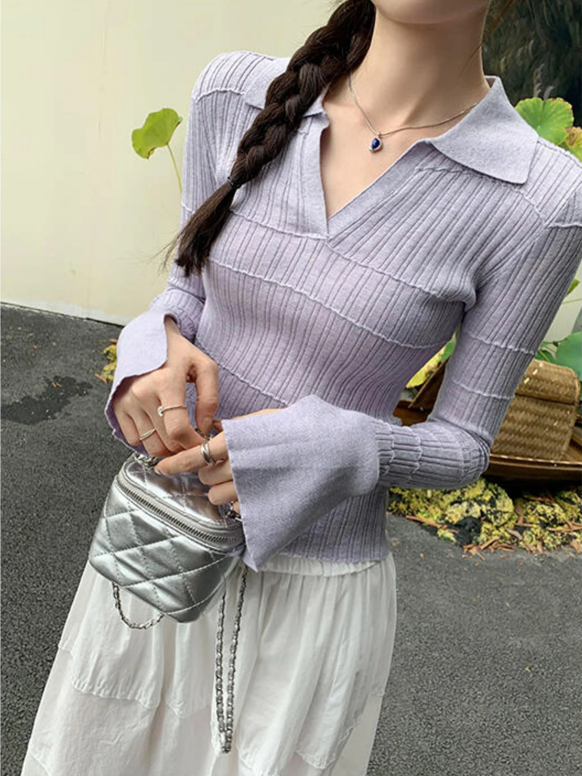 

Purple Neck Long Sleeve Knitted Sweater Women's Autumn High-End Feeling Inner Wear Slim Fit Bell Sleeve Base Top