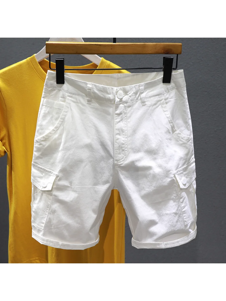 Summer Casual White Men's Shorts Five-Point Loose Fit Thin Cotton Denim Mid-Waist Straight Leg Fashionable Workwear