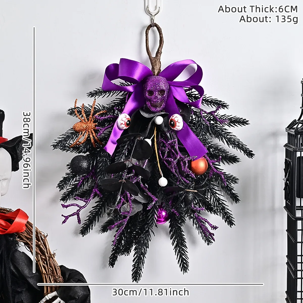 

2024 New 1 pack Halloween Home Decoration Ghost Festival Purple Simulated Skeleton Spider Pumpkin Scene Layout Decorative Wreath