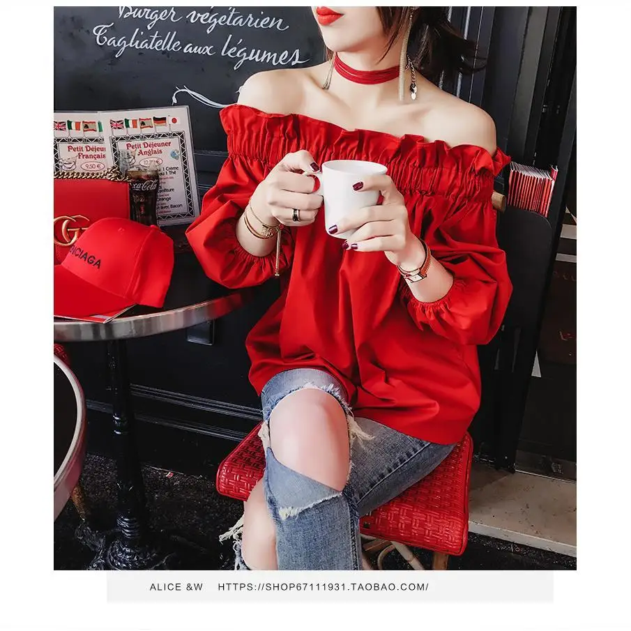 APIPEE Off Shoulder Tops 2024 Summer Fashion Casual Slash Neck White Black Red Lantern Sleeve Loose Ruffle Blouses Women