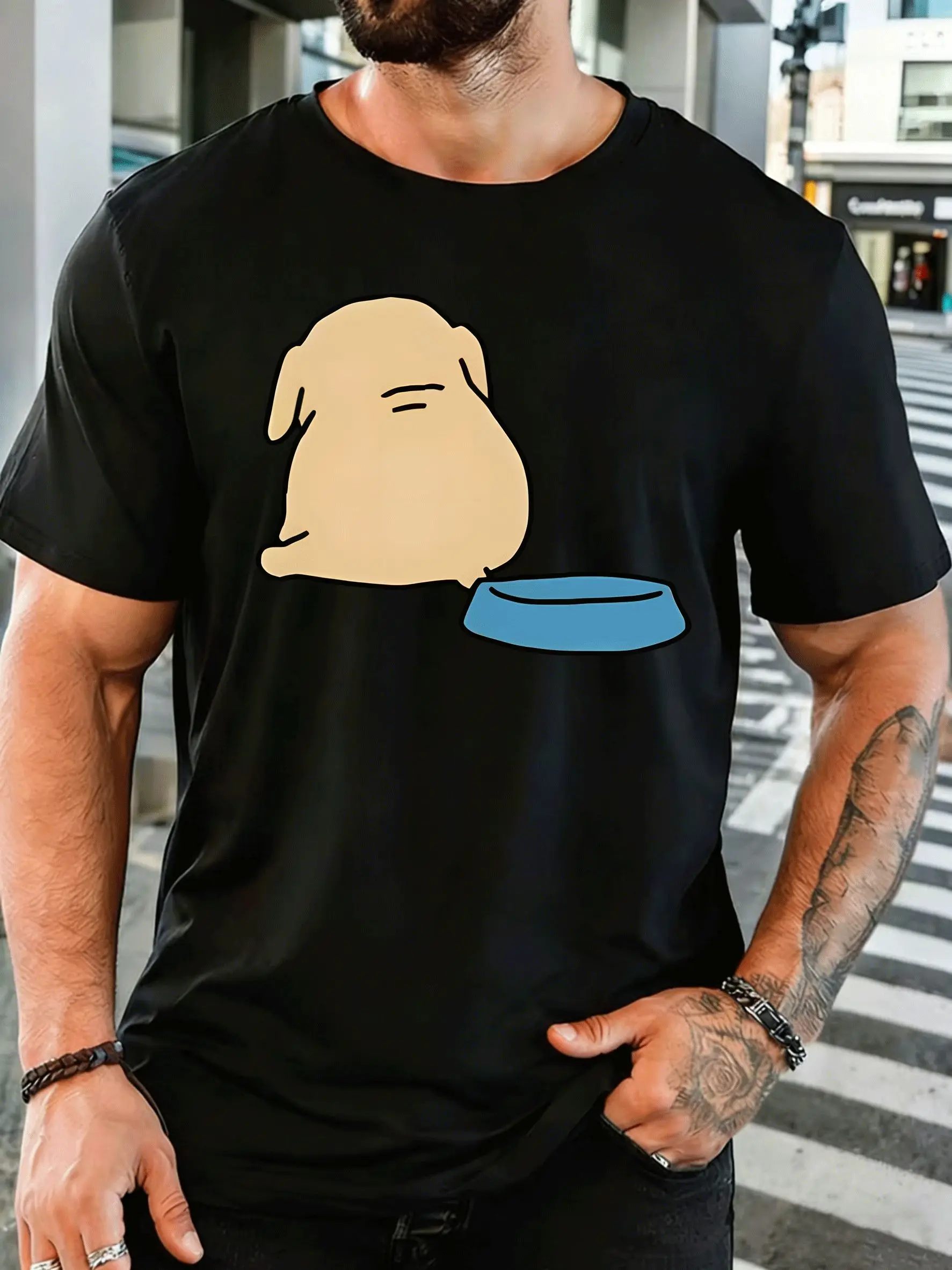 Simple Chubby Puppy With Food Bowl Mens Front Print T Shirt Minimalist Dog Graphic Tee Casual Short Sleeve Top Pet Lover Gift