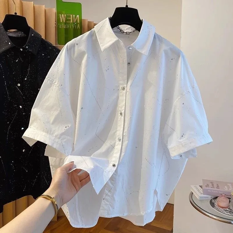 Men Glitter Splash Ink Print Shirt Lapel Short Sleeve Loose Casual Luxury Minimalist Blouse Tops