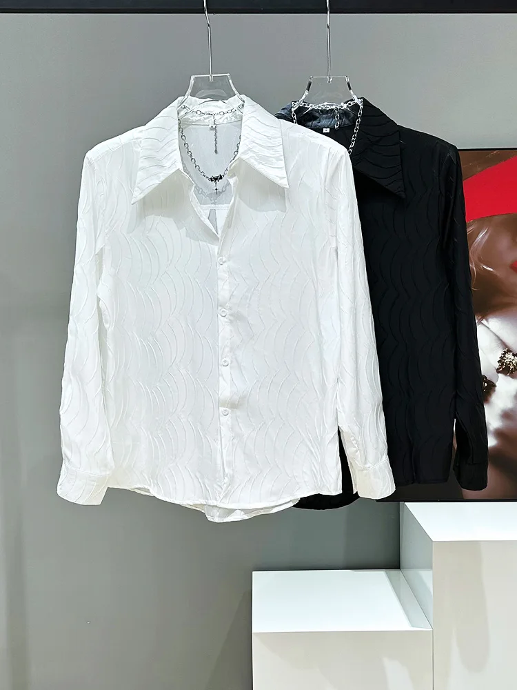 

Original Design Men's Loose Fit Satin irt Faionable Large Collar Padded oulder Long Sve Pure Color Youth ular