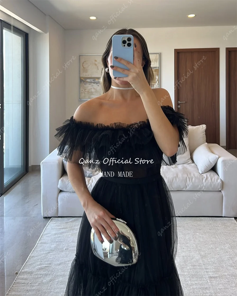 Qanz-vestidos de noche elegantes de tul, vestidos largos negros con hombros descubiertos para ocasiones formales, vestido de fiesta sin espalda personalizado