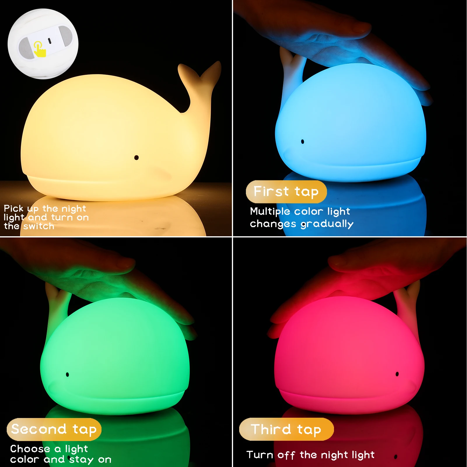 Cute Whale Night Light 7-color Silicone Usb Rechargeable Nightlights Room Decorations Table Lamp Toys for Children Baby Kids