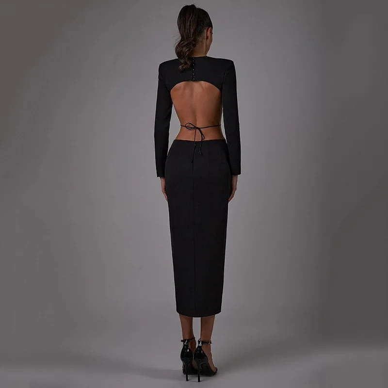 2024 Sexy manica lunga Slim Midi Cut Out Club abito da sera Backless abito nero per le donne eleganti abiti da festa primavera autunno