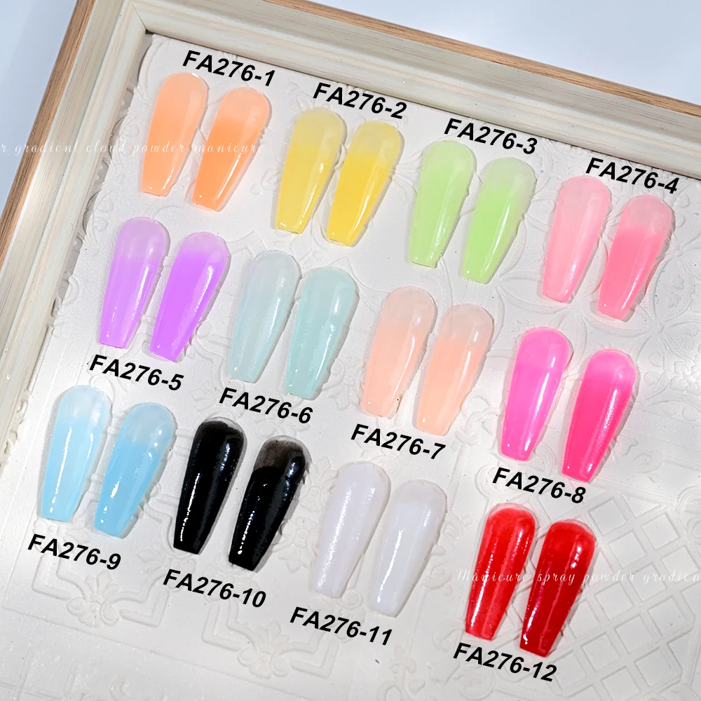 1/12 Fles Macaron Kleur Ombre Spray Nagelpoeder Netto-10g 12-Kleuren Neon Dompelen Pigment Oranje/Rood manicure Druk Pomp Poeder *&