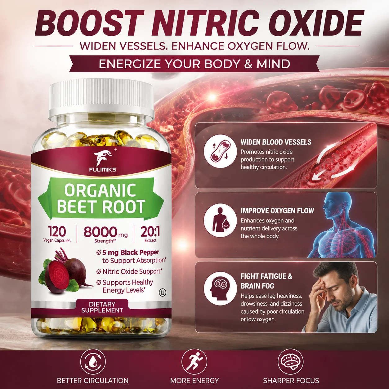 Organic Beet Root 20:1 Extract Capsules, with Black Pepper, Support Digestive, Muscle, Pump, Energy & Endurance, Performance