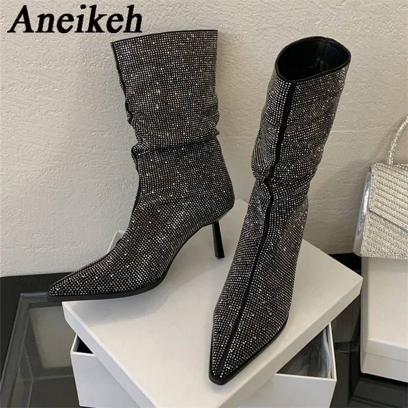 Aneikeh Autumn Sequined Cloth Mid-Calf Boots Women Shoes Pointed Toe Thin Heels Leisure Women Elegant Boots Polka Dot Slip-On