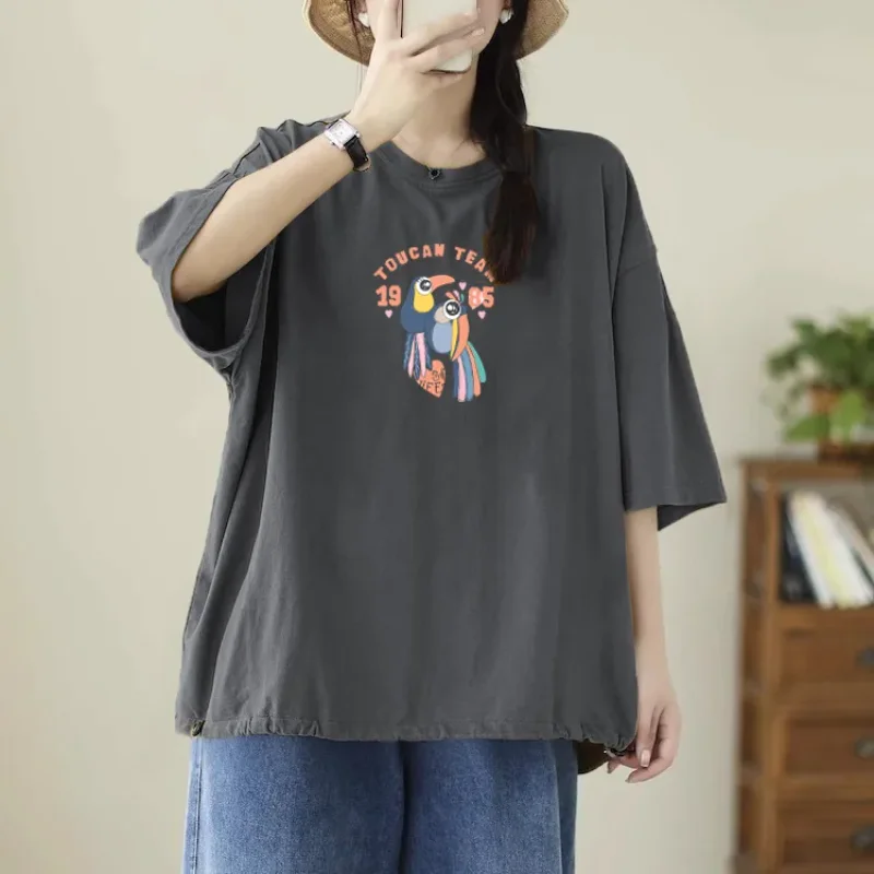 

Женская повседневная свободная хлопковая футболка с круглым вырезом, коротким рукавом и завязками по низу, оверсайз