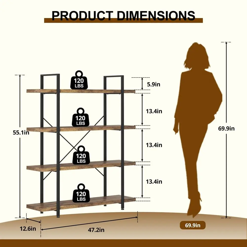

Heavy Duty 4 Tier Bookcase, 55in Tall Industrial Modern Large Bookshelf, Wood Farmhouse Bookcases Book Shelves and Metal Frame