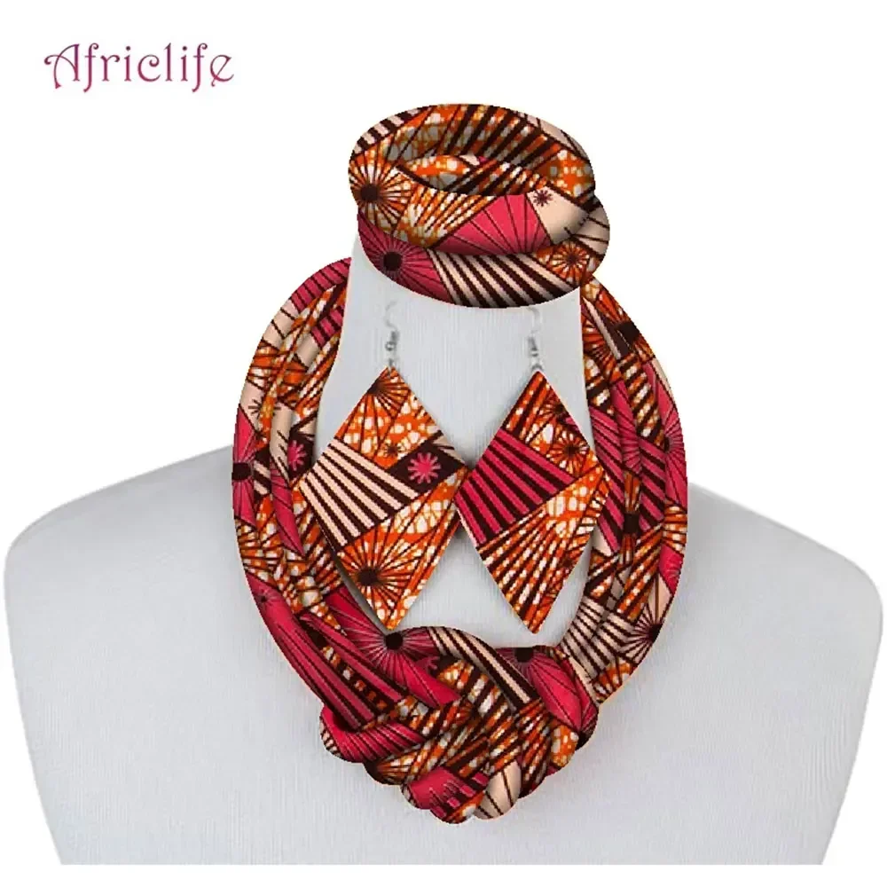 3 Pieces African Necklace Print Wax Ankara Fabric Set Side Knot Necklace,Bracelet and Earrings SP083