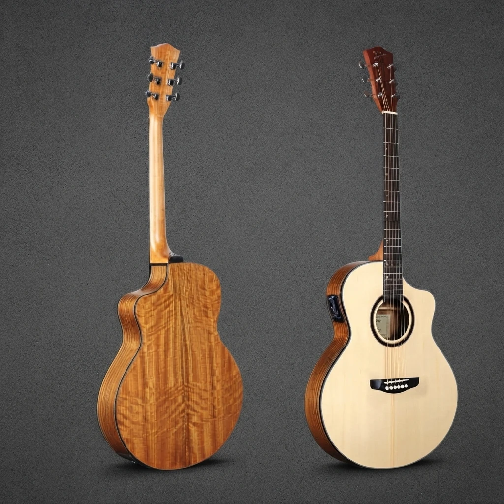 Glossy Electro Acoustic Guitar, 6 Strings, Cutaway, Natural Top Dark Back, Chrome Tuners, Built-In EQ for Stage Performance