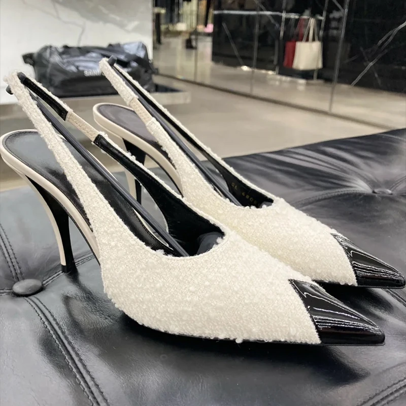 Metallic Pointed-toe Black High Heels 2024 Summer New Sexy Pumps with Stiletto Heels Back Tripper Toe Toe Sandals