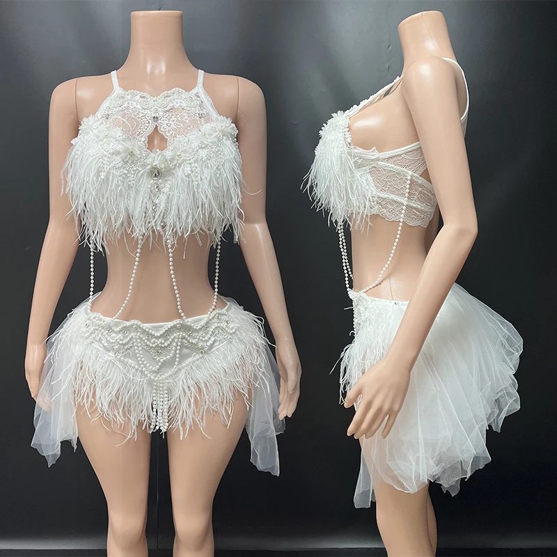 

Women Stage Outfit White Pearl Fringe Lace Top Mesh Skirt Nightclub Bar Dancehall Queen Outfit Party Show Rave Clothing VDL4240