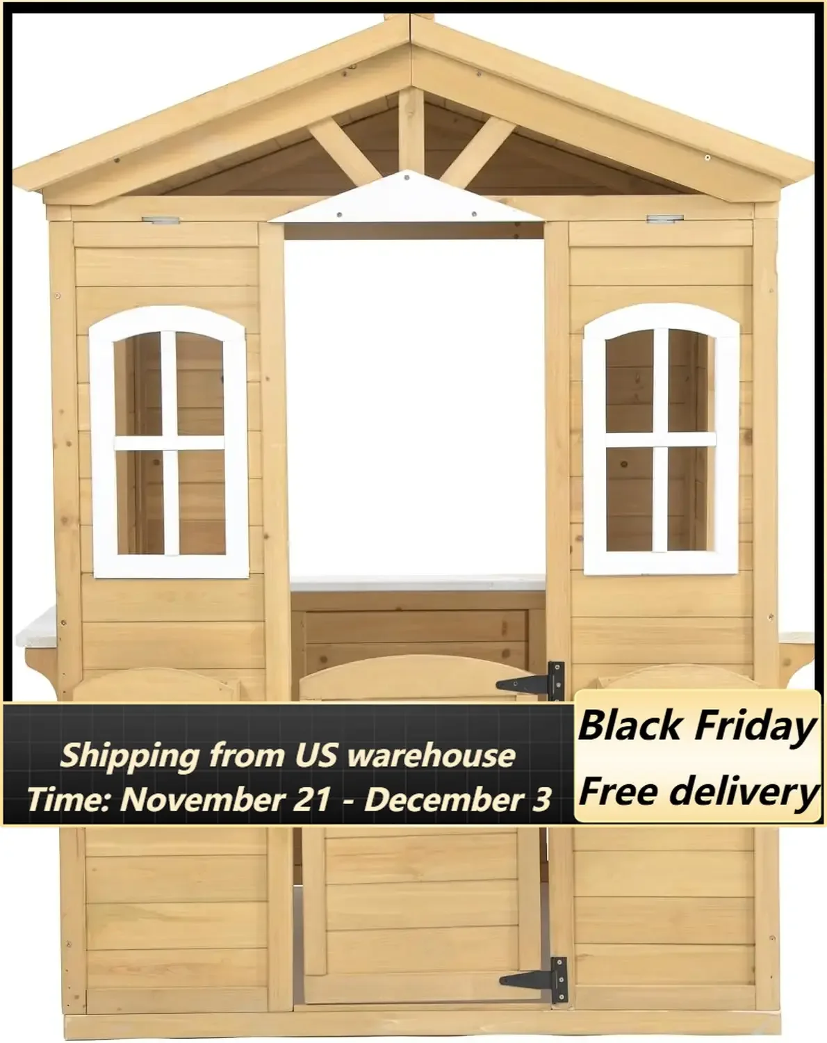 Wooden Playhouse for Kids Outdoor,Kids Playhouse with Working Door, Windows, Mailbox,Flowers Pot Holder & Serving Station,