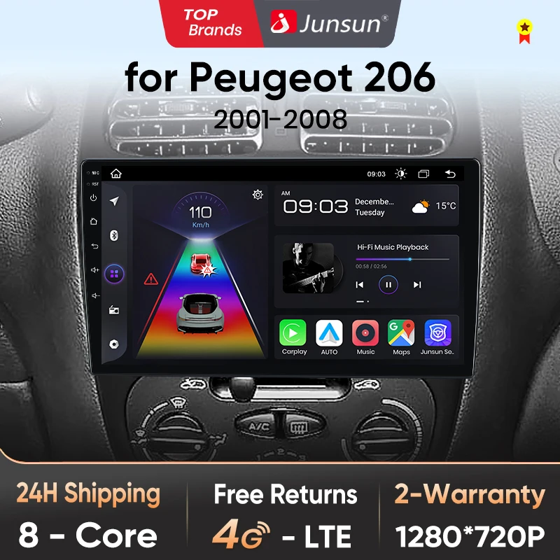 Junsun Car Radio For Peugeot 206 206CC 206SW 2001 - 2008 wireless CarPlay Android Auto car intelligent systems No 2 din 2din DVD