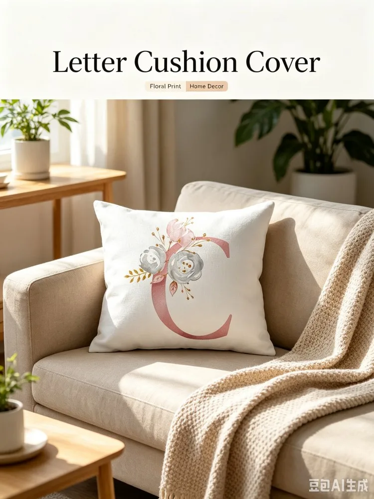 Pink Watercolor Floral Monogram Initial Letter Lumbar Pillow Cover Rectangle Cushion Cover Decorative Pillowcase For Sofa Bedroo