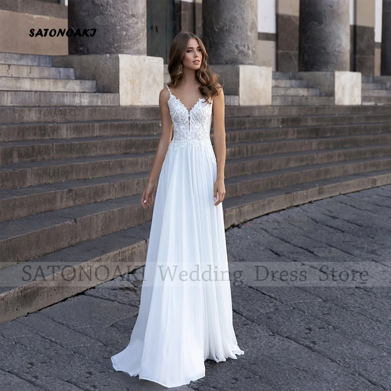 Robe de mariée en mousseline de soie à col en V pour femmes, bretelles spaghetti élégantes Boho, ligne A, train de balayage, robe de mariée, robe éducative personnalisée