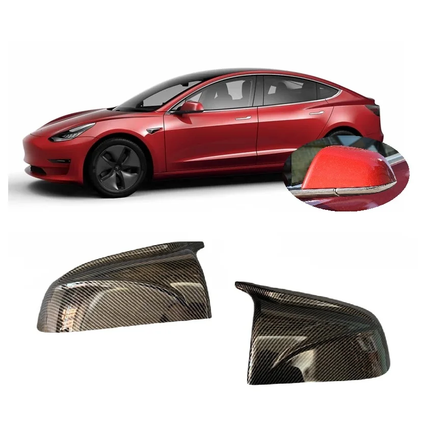 

for Tesla Model 3 2017 2018 2019 2020 Horn Sytle Carbon Fiber Hydro-dipped or Gloss Black Side Rear View Wing Mirror Cover Cap
