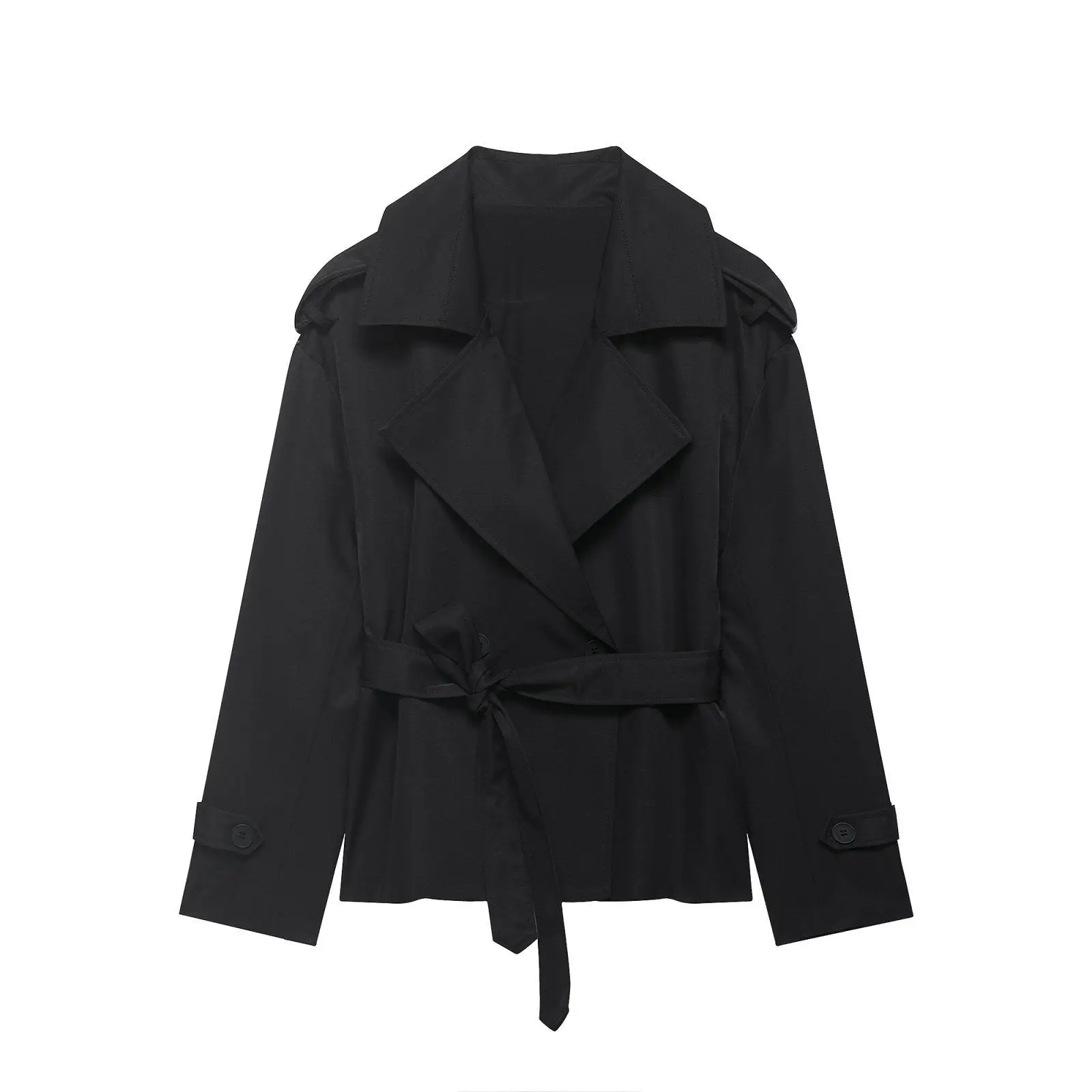 Spring New Arrival Short Style Women's Coat Double Row Button Flip Cover Collar Belt Waist Tie Polyester Fiber Long Sleeve