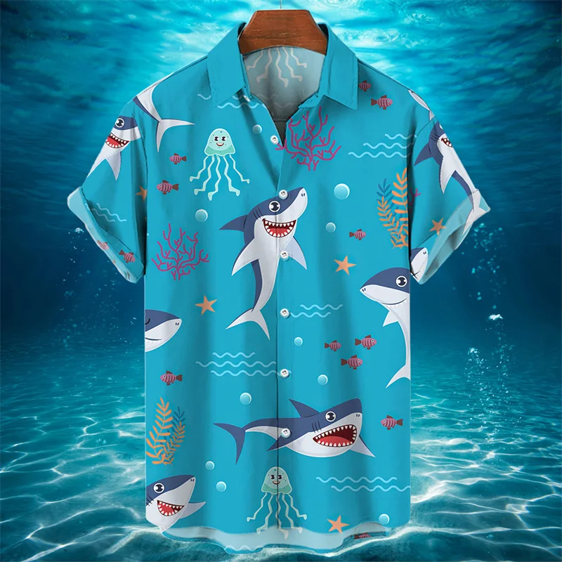 

3D Animal Shark Print Hawaiian Shirt Men's Summer Casual Shirt Fashion Short Sleeved Sea World Loose Street Blouse Clothes Hot