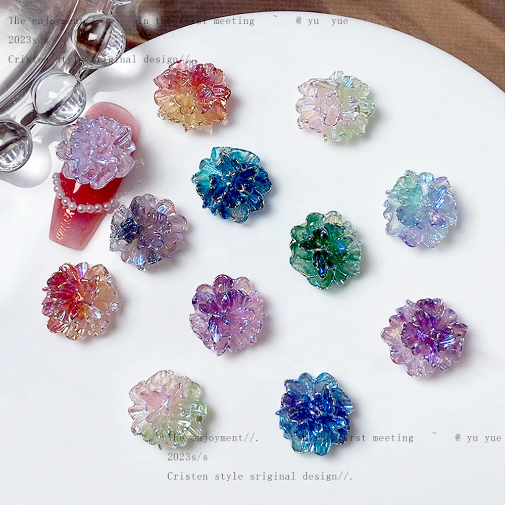 50pcs Tremella Flower Nail Charms Mixed Color Luminous Gradient Nail Decoration Flower Charms for Manicure DIY 3d Flower Parts