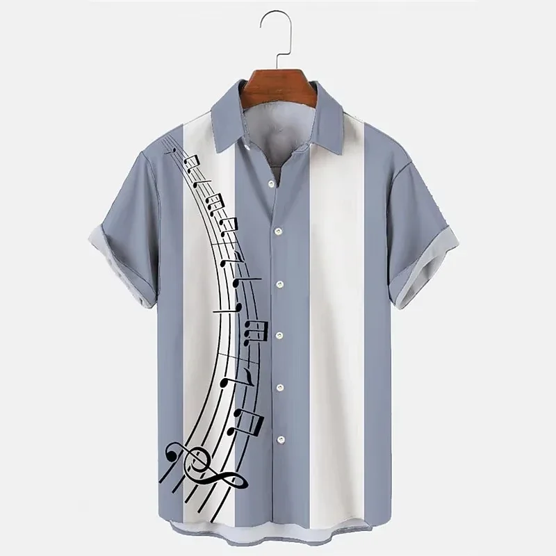 Men's Shirt Casual Buttoned Cardigan 3D Music Symbol Print short-sleeved Shirt Simple Striped Open Lapel Top