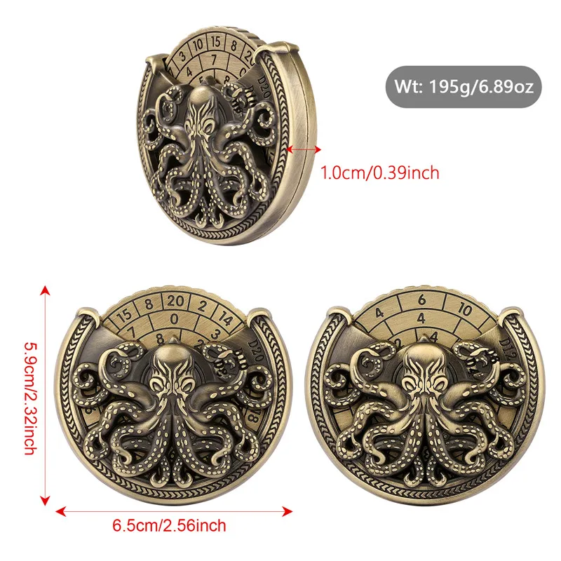 7-in-1 Octopus Eyes Metallwürfel Spinner Retro Würfel Roulette für Tabletop RPG Entertainment Gaming Wheel mit Dragon Present Box