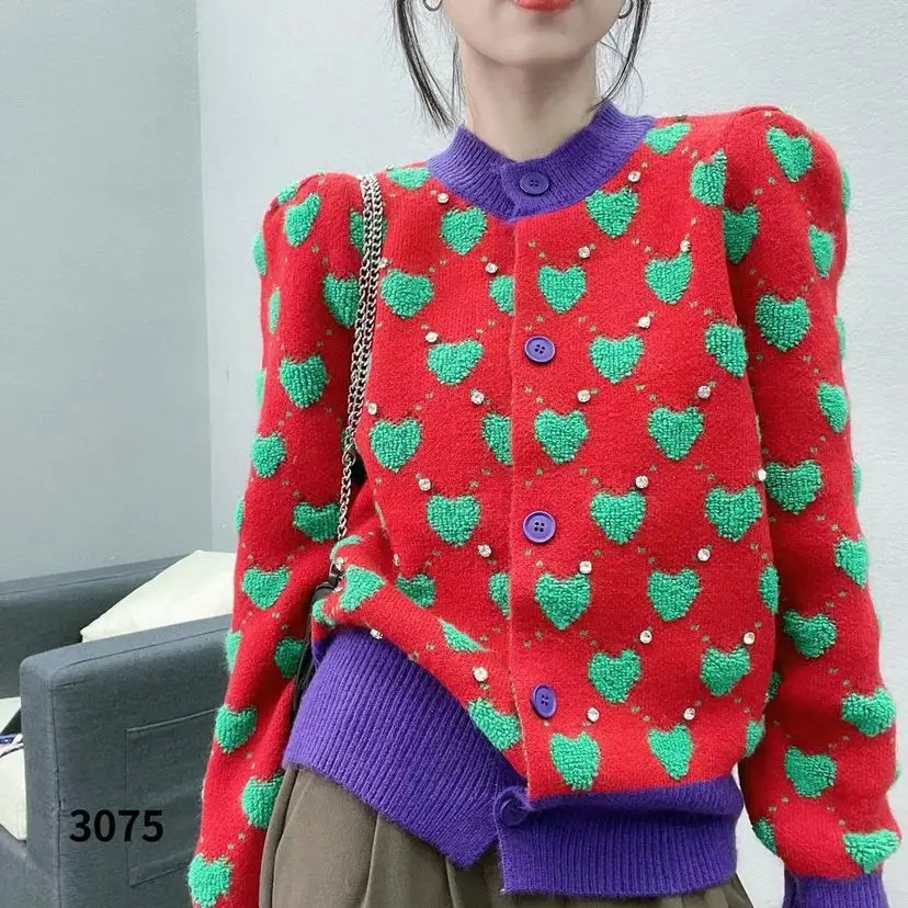 

Autumn Sweet Heart-shaped Embroidery Knitted Cardigan Women Cropped Jacket Designer Sweater Coat Tops Single-button Long Sleeves