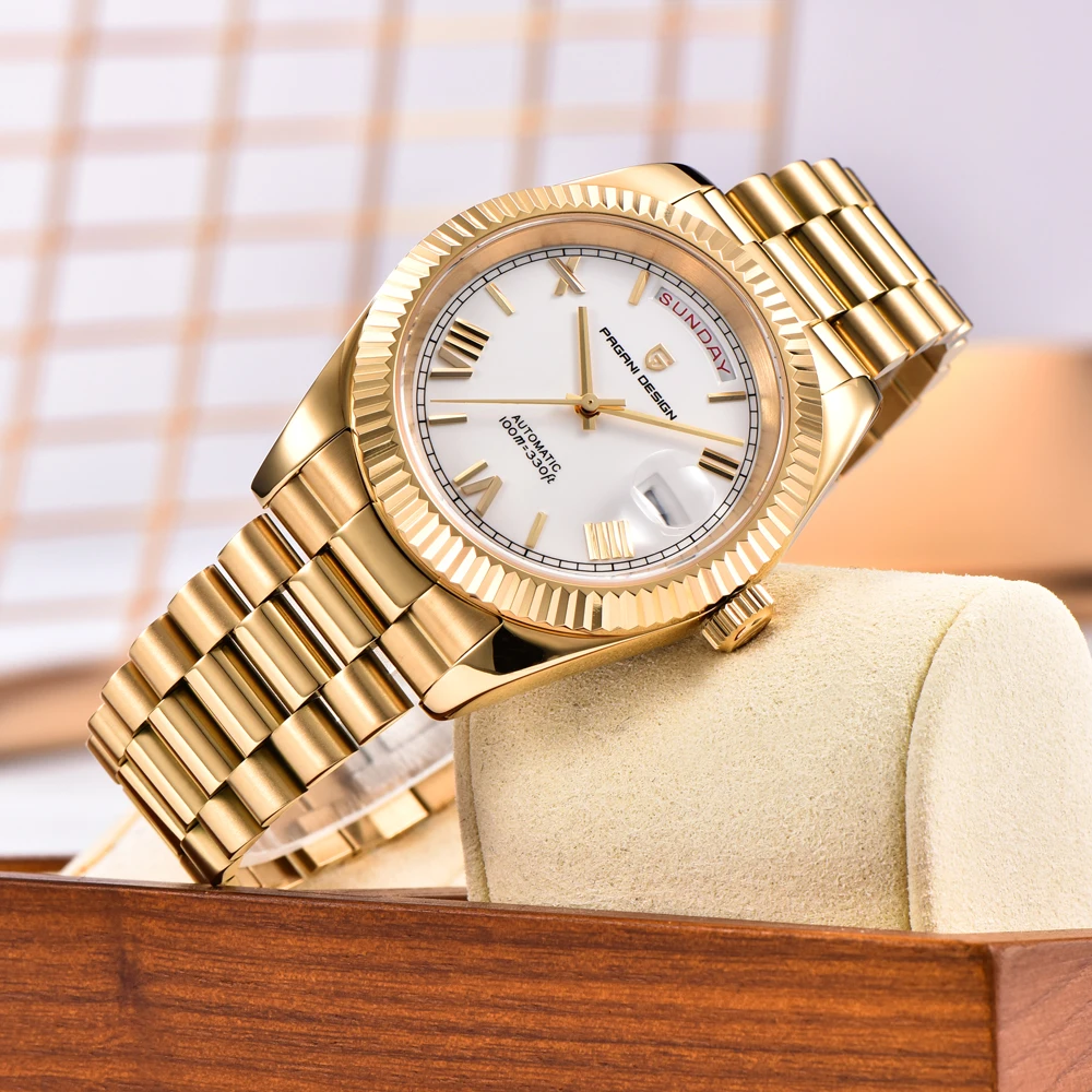 PAGANI DESIGN ساعات 2025 جديد الذهب الأبيض DD40 ساعة ميكانيكية فاخرة للرجال الفولاذ المقاوم للصدأ الياقوت كريستال ساعة أوتوماتيكية